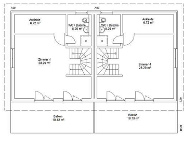 Grundriss eines Hauses mit zwei Wohnungen, Treppen und mehreren Schlafzimmern.