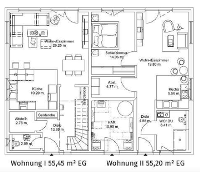 Wohnung 1 / Wohnung 2 Grundriss einer Doppelhaushälfte mit zwei Wohnungen und jeweiligen Raumaufteilungen.