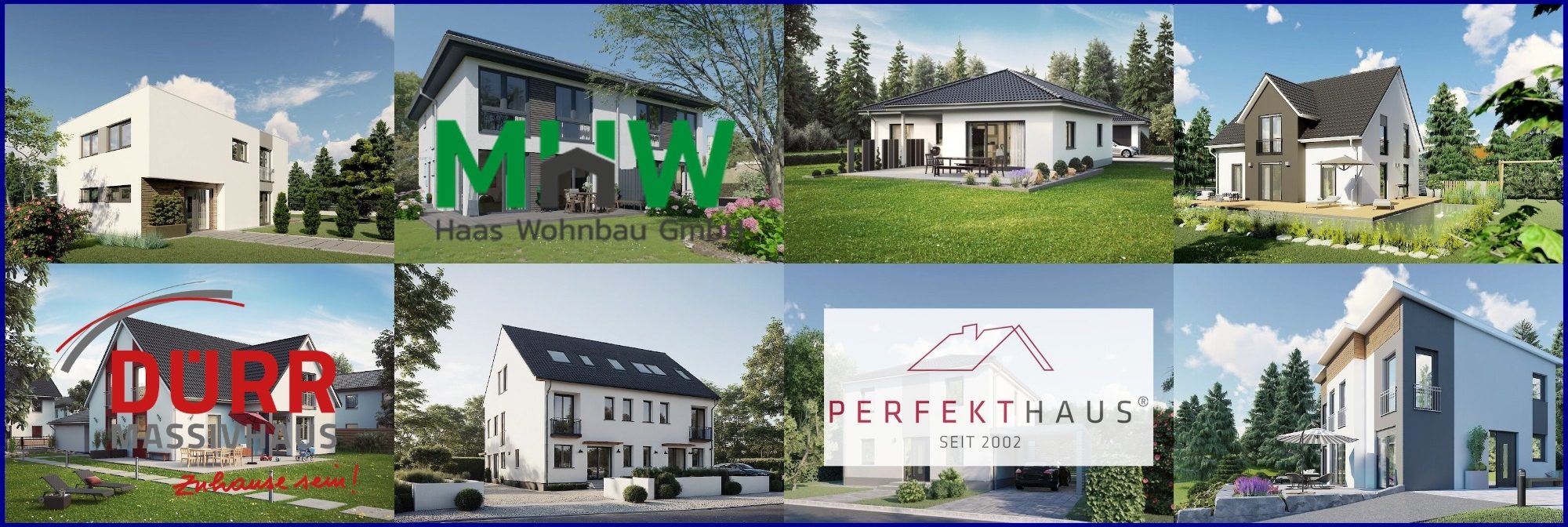 Verschiedene moderne Wohnhäuser mit unterschiedlichen Architekturstilen und Designs.