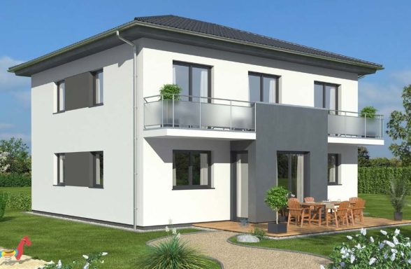 Modernes, zweigeschossiges Haus mit Balkon und eingezäuntem Garten.