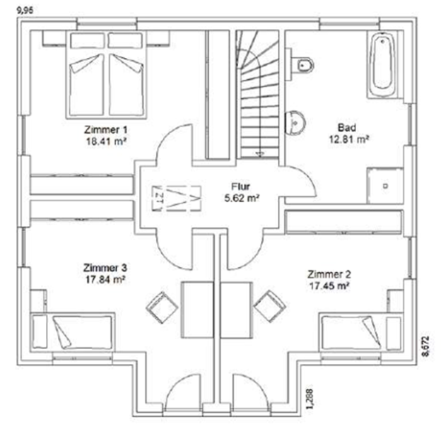 Obergeschoss Grundriss eines Hauses mit vier Zimmern, Küche, Bad und Treppe.