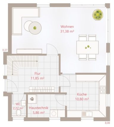 Grundriss einer Wohnung mit Wohnraum, Küche, Flur und einem kleinen WC.