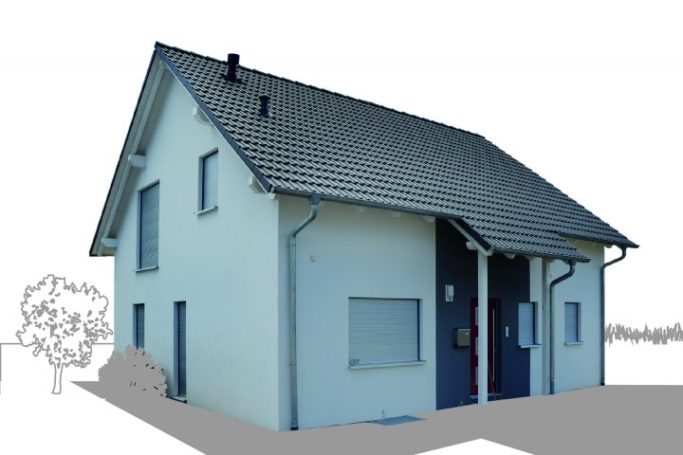 Haus mit zwei Eingängen, schrägem Dach und hellblauer Fassade.