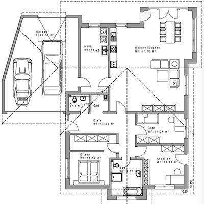 Grundriss eines Hauses mit Wohn-, Ess- und Küchenbereichen sowie Garage.