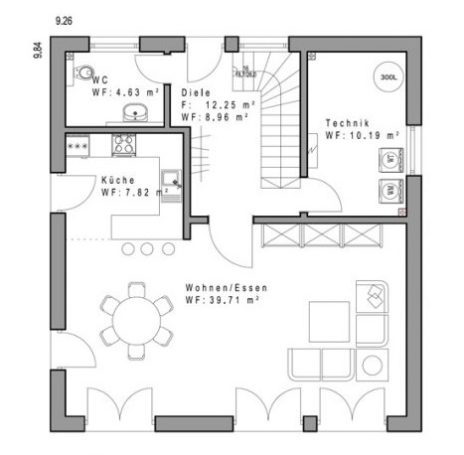 Grundriss eines Hauses mit Wohn- und Essbereich, Küche, Bad und Treppenhaus.