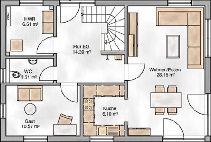 Grundriss eines Hauses mit Wohn- und Esszimmer, Küche, Bad und Treppe.