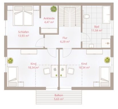 Grundriss einer Wohnung mit vier Zimmern, Bad und Balkon. Flächenangaben sind enthalten.