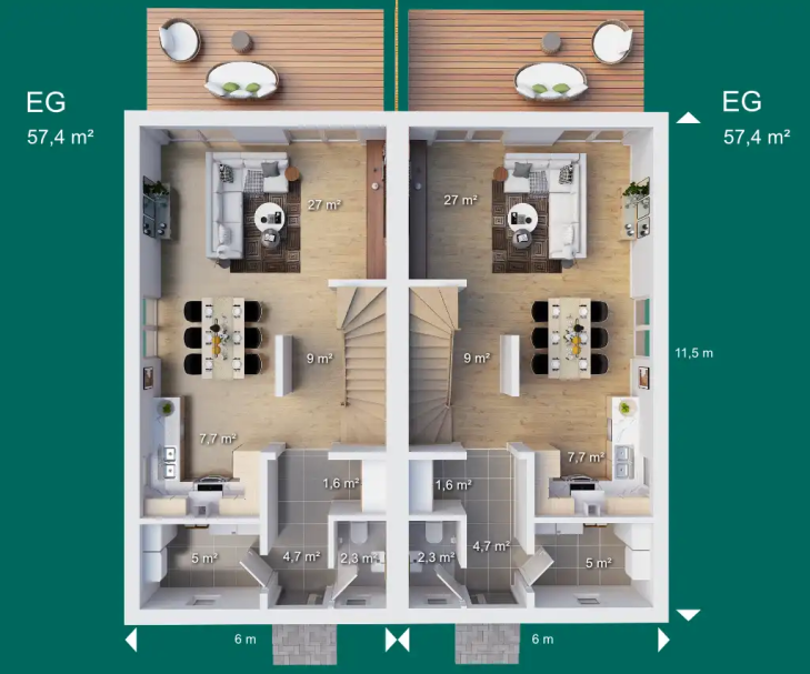 Erdgeschoss Grundriss eines zweigeschossigen Wohnhauses mit Küche, Wohnbereich und Treppe.
