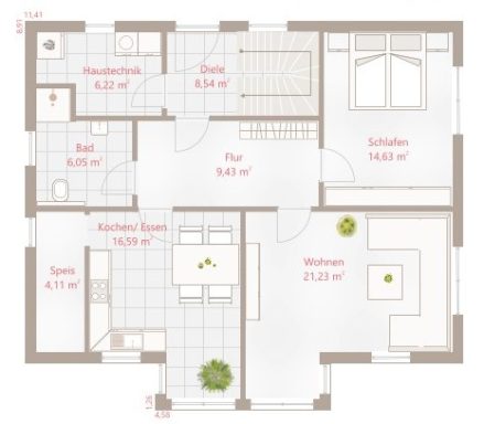 Wohnungsgrundriss mit Räumen für Wohnzimmer, Küche, Schlafzimmer und Badezimmer.