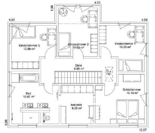 Grundriss eines Hauses mit Zimmern, Bad, Küche und Treppen.