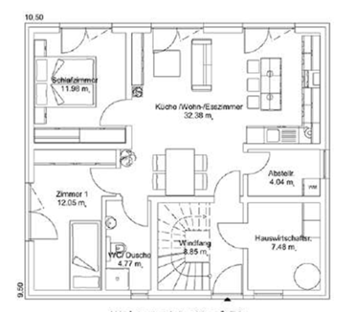 Wohnung 1 Grundriss eines Hauses mit verschiedenen Räumen, darunter Küche, Wohnzimmer und Treppenhaus.