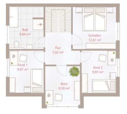 Grundriss einer Wohnung mit drei Zimmern, Bad, Küche und Balkon.