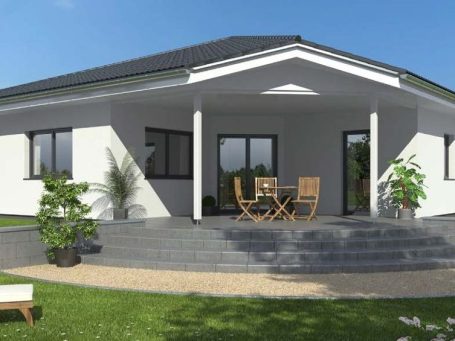 Moderne Einfamilienhaus mit Terrasse und Garten, ausgestattet mit Pflanzen und Möbeln.