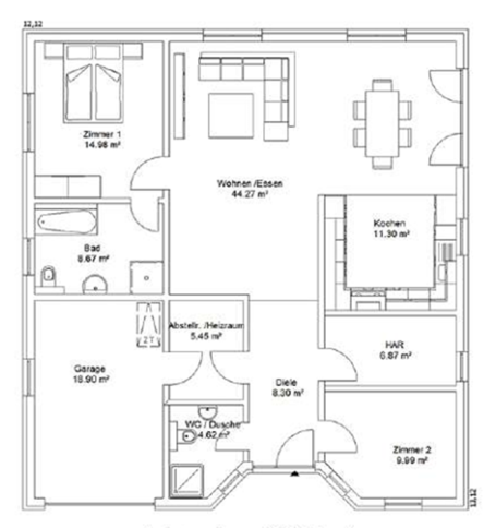 Grundriss einer Wohnung mit Schlafzimmer, Wohnzimmer, Küche und Essbereich.