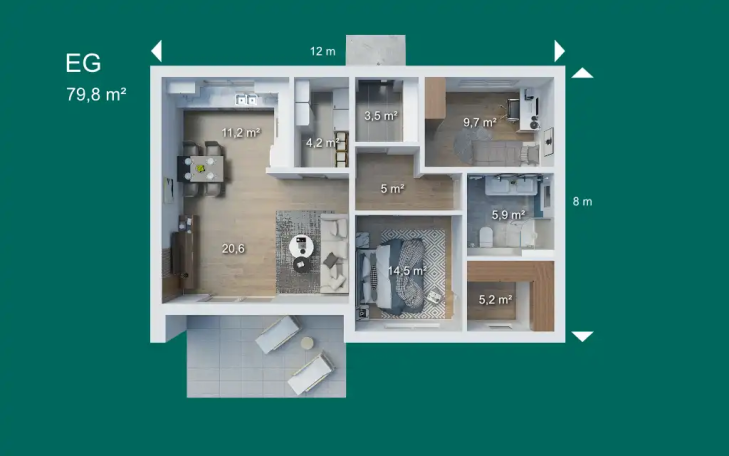 Grundriss einer Wohnung mit Wohnbereich, Küche, Schlafzimmer und Bad.