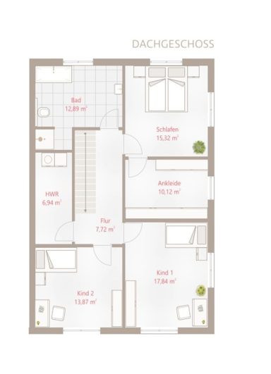 Grundriss einer Wohnung mit verschiedenen Räumen und einer Treppe in der Mitte.