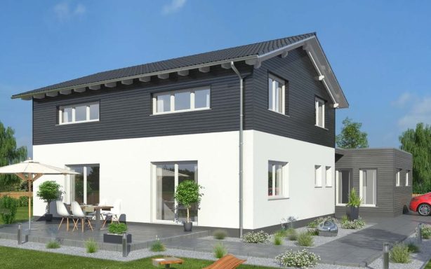 Modernes zweigeschossiges Haus mit Garten, Terrasse und angrenzendem Anbau.