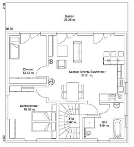 Grundriss eines Hauses mit Wohnzimmer, Küche, Bad, Schlafzimmer und Treppe.