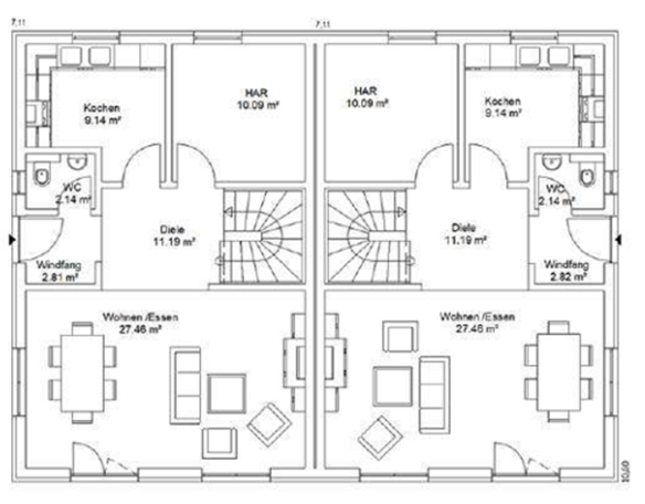 Grundriss eines Hauses mit zwei Etagen, Schlafzimmer, Wohnzimmer und Essbereich.