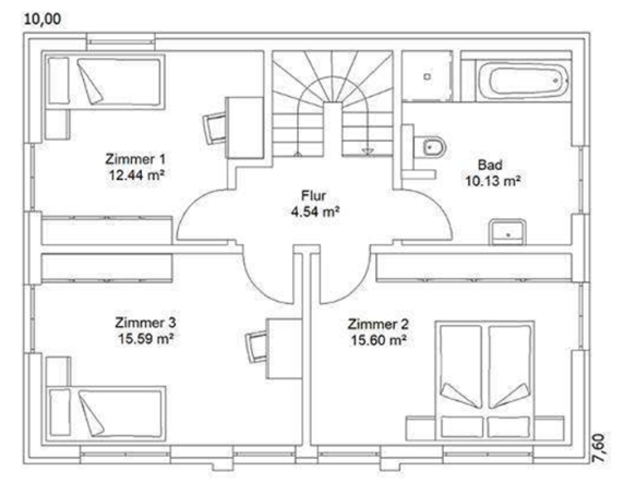 Grundriss eines Hauses mit drei Zimmern, Bad und Treppenhaus.