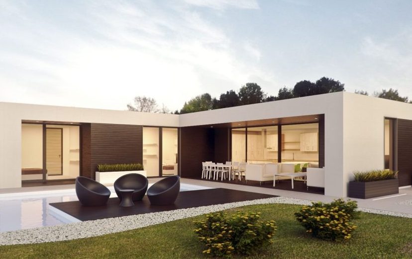 Moderne Wohnhaus mit Terrasse, Sitzgelegenheiten und Gartenlandschaft.