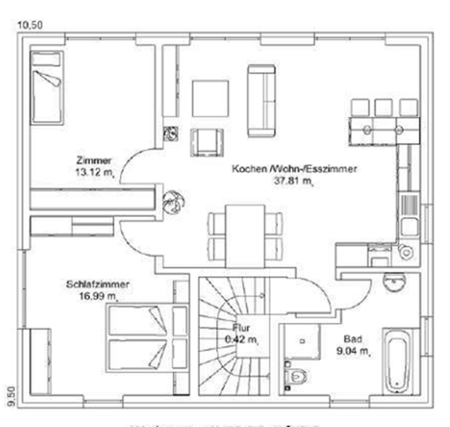 Wohnung 2 Grundriss eines Hauses mit Zimmern, Küche, Bad und Treppenhaus.
