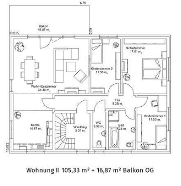 Wohnung 2 Grundriss einer Wohnung mit Wohnzimmer, Schlafzimmer, Küche und Badezimmer.