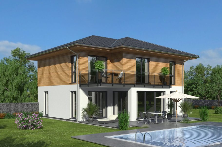 Modernes zweigeschossiges Haus mit Holzelementen, Balkon und Pool im Garten.
