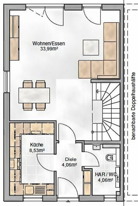 Grundriss eines Hauses mit Wohn- und Essbereich, Küche, Diele und Treppe.