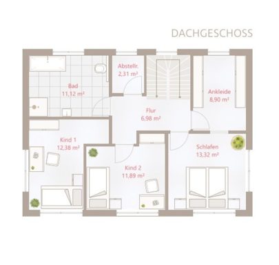 Grundriss eines Dachgeschosses mit vier Zimmern, Bad und Flur.