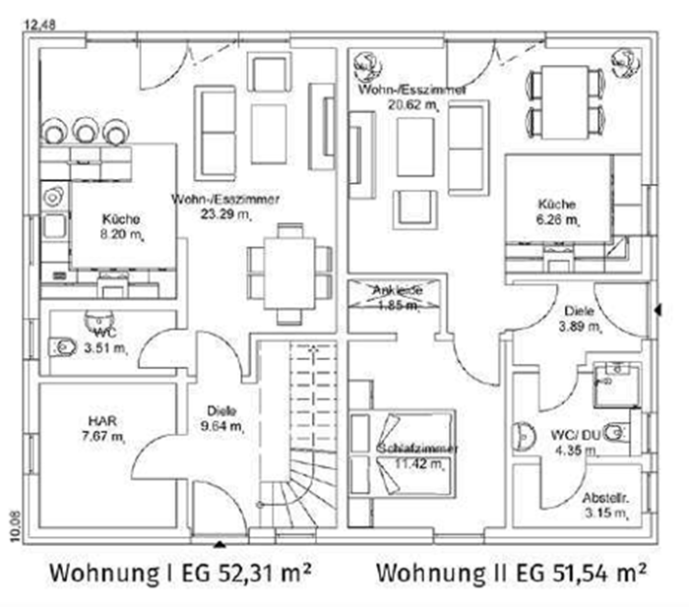 Wohnung 1 + 2 Grundriss einer Wohnung mit zwei Einheiten, Raumaufteilung und Quadratmeterangaben.