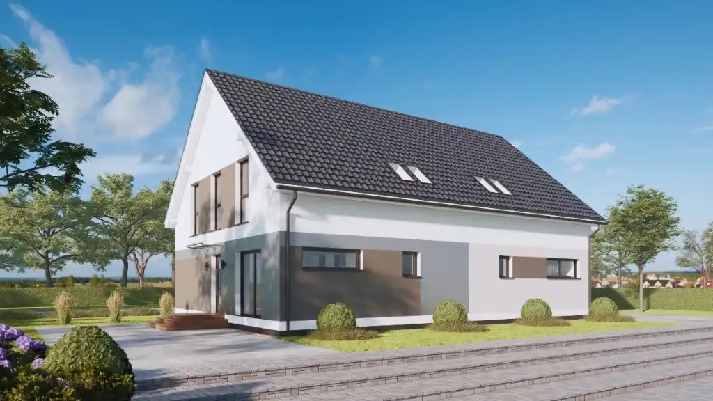 Ansicht Modernes zweigeschossiges Haus mit grauem Dach und Holzverkleidung, umgeben von Bäumen.