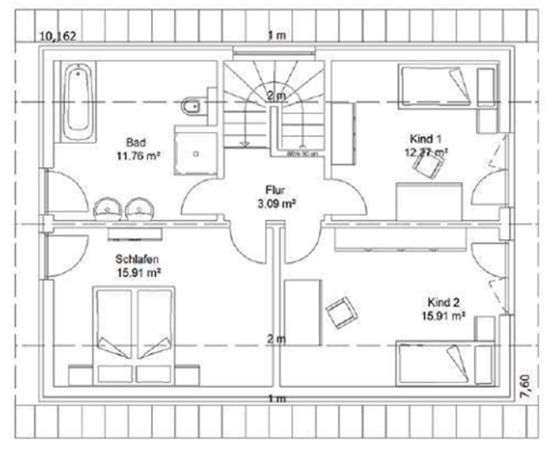 Grundriss eines Hauses mit verschiedenen Räumen und Möbelanordnung.