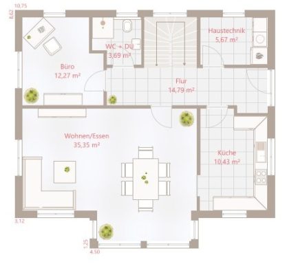 Grundriss einer Wohnung mit Küche, Wohnbereich, Schlafzimmer und Esszimmer.