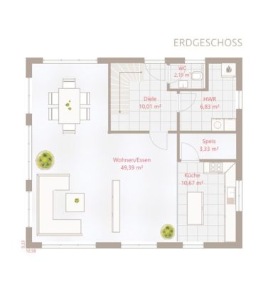 Grundriss eines Erdgeschosses mit Wohnzimmer, Essbereich und Küche.