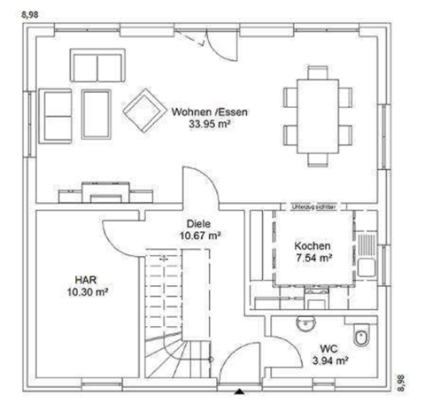 Grundriss eines Hauses mit Wohn-Essbereich, Küche, Diele, WC und Treppe.