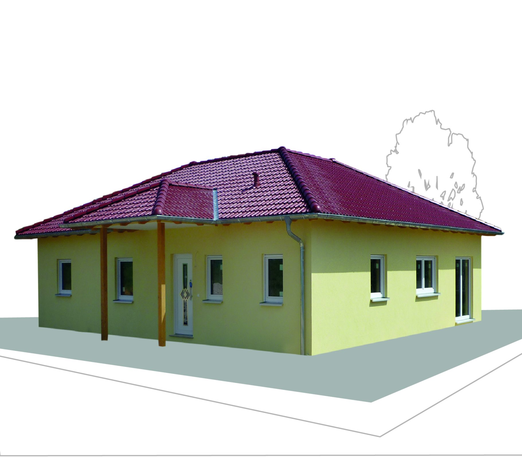 Bungalow B100 Ein gelbes Einfamilienhaus mit rotem Dach und mehreren Fenstern.