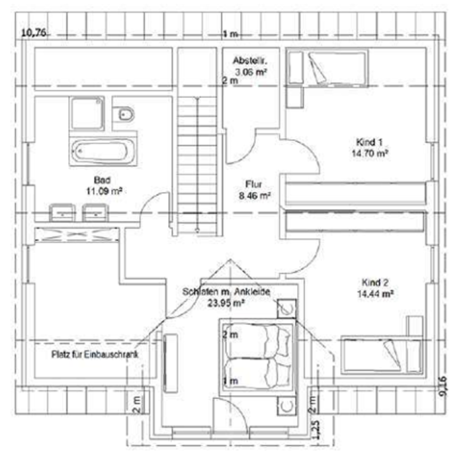 Grundriss eines Hauses mit Schlafzimmer, Wohnzimmer, Küche und zwei Badezimmern.