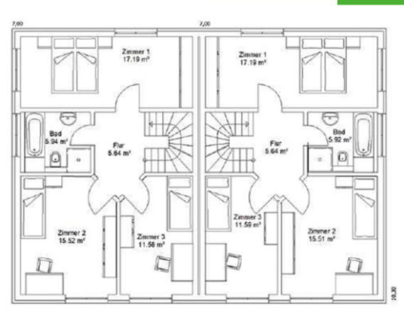 Grundriss eines Wohnhauses mit vier Schlafzimmern, zwei Bädern und zentralem Treppenhaus.
