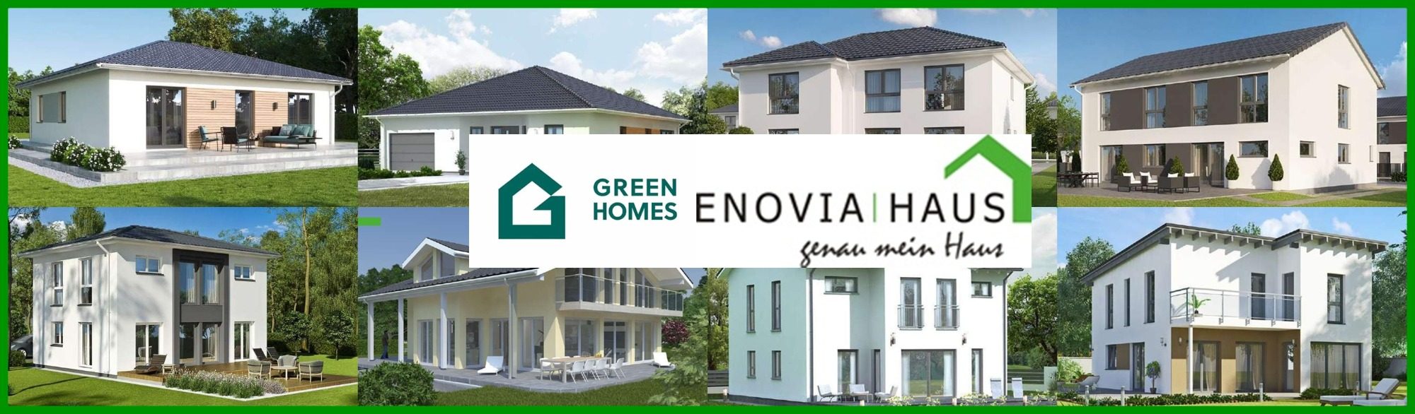 Verschiedene moderne Fertighäuser mit dem Logo von "Enova Haus".