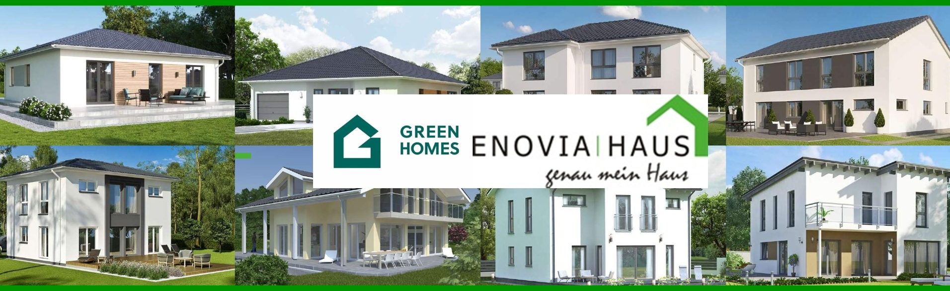 Enovia Haus - Massivhaus / Fertighaus Vertrieb Verschiedene moderne Wohnhäuser mit dem Logo "Enovia Haus" in der Mitte.