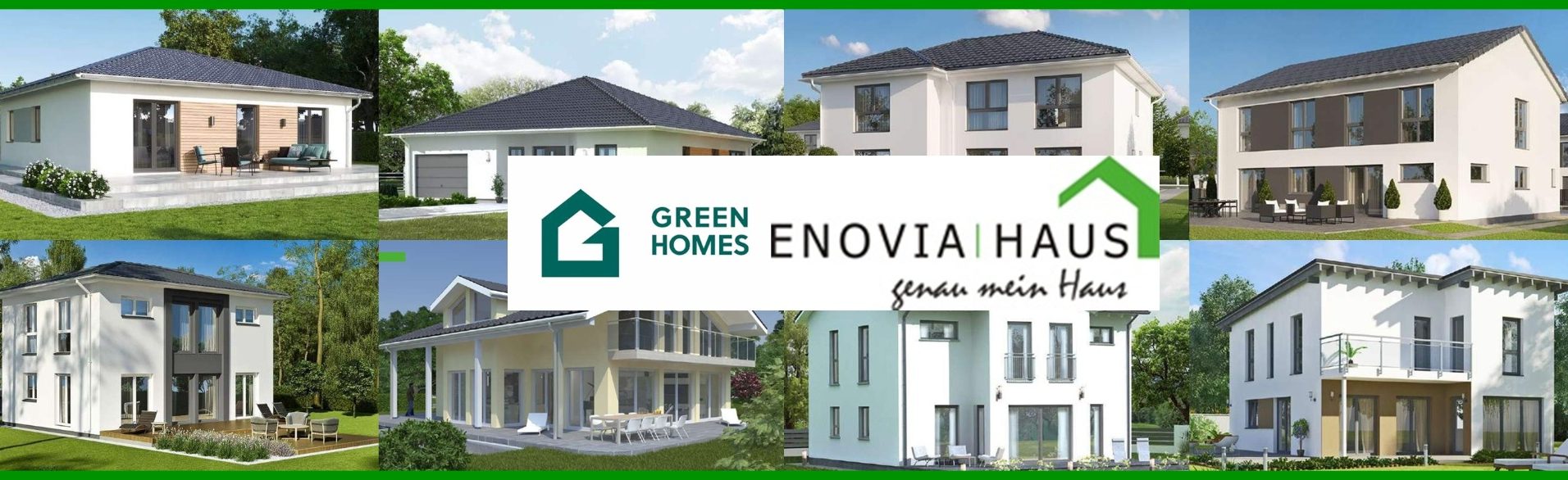 Enovia Haus - Massivhaus / Fertighaus Vertrieb Verschiedene moderne Fertighäuser in einer Collage.