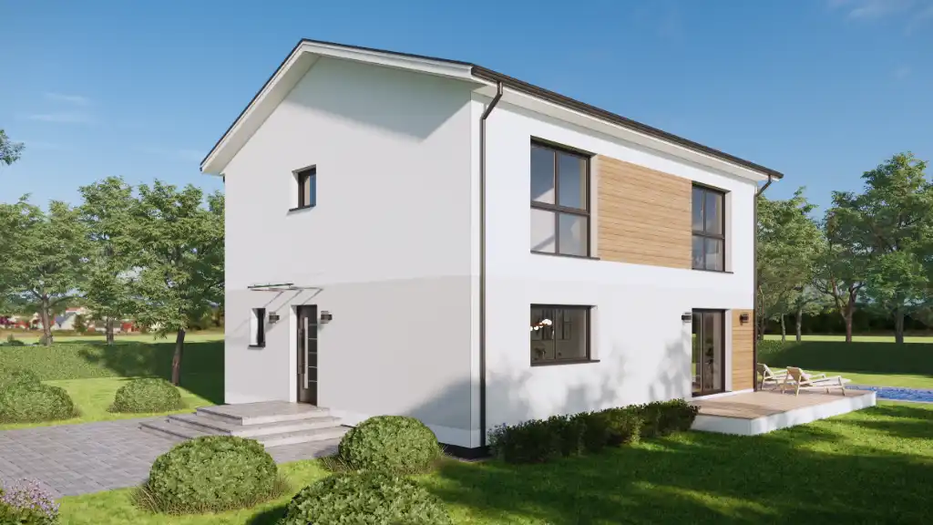 Modernes Haus mit weißer Fassade und Holzverkleidung, umgeben von Grünflächen.