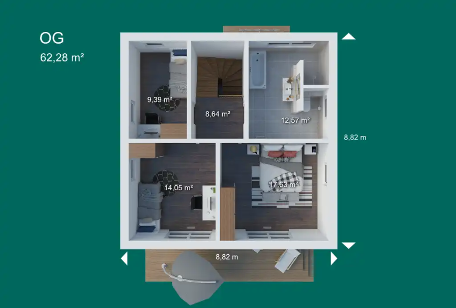 Obergeschoss Grundriss einer Wohnung mit vier Räumen und möblierten Bereichen.