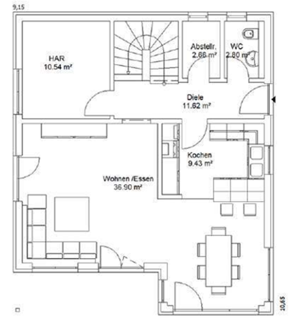 Erdgeschoss Grundriss eines Hauses mit Wohnzimmer, Esszimmer, Küche und weiteren Räumen.