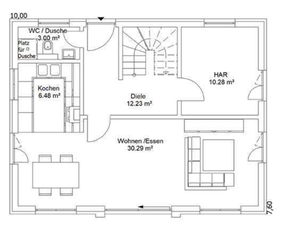 Grundriss eines Hauses mit Küche, Wohnbereich, Esszimmer und Treppe.