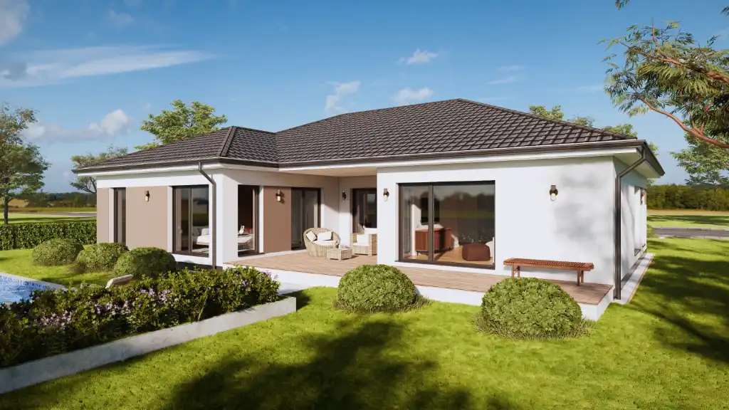 Ansicht Modernes Einfamilienhaus mit Terrasse, Garten und großen Fenstern in sonniger Umgebung.