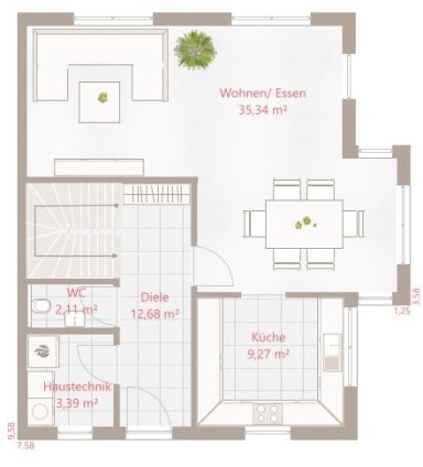 Grundriss einer Wohnung mit Wohnbereich, Küche, Bad und Essbereich.