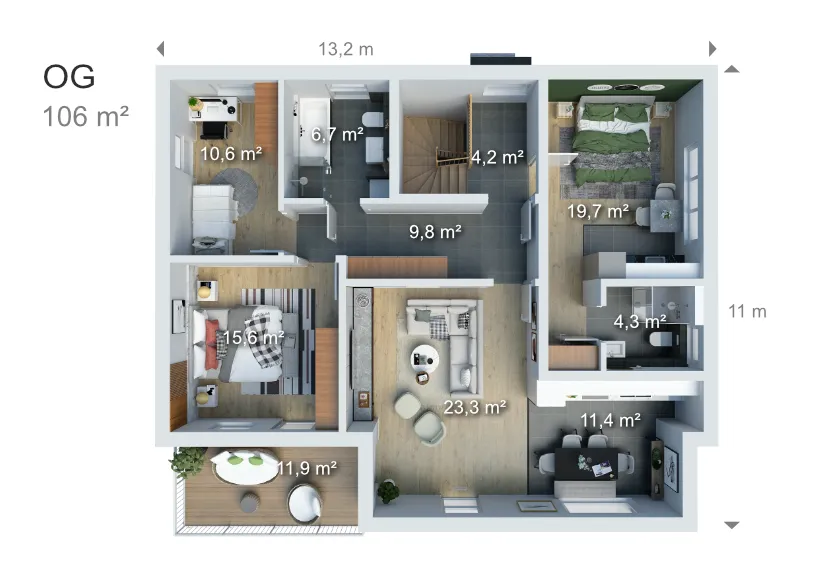 Wohnung 2 Grundriss einer Wohnung mit drei Zimmern, offener Küche und Wohnbereich. Fläche: 105 m².