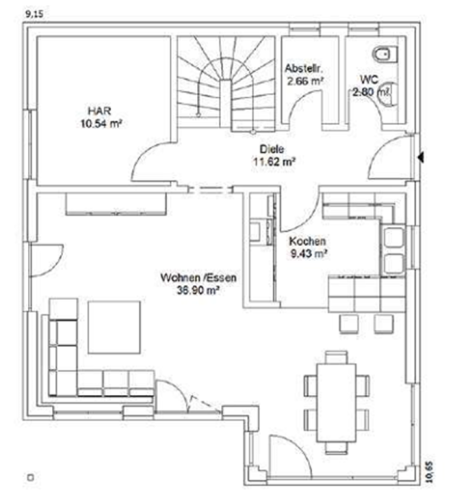 Grundriss eines Hauses mit Wohnzimmer, Küche, Essbereich und Treppe.